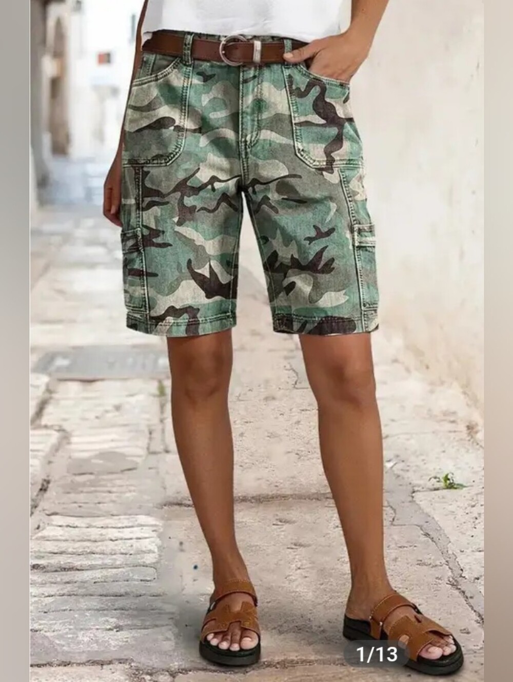 Flamingals Camo Print Patch Pocket Mid Rise Bermuda Shorts NWT Small